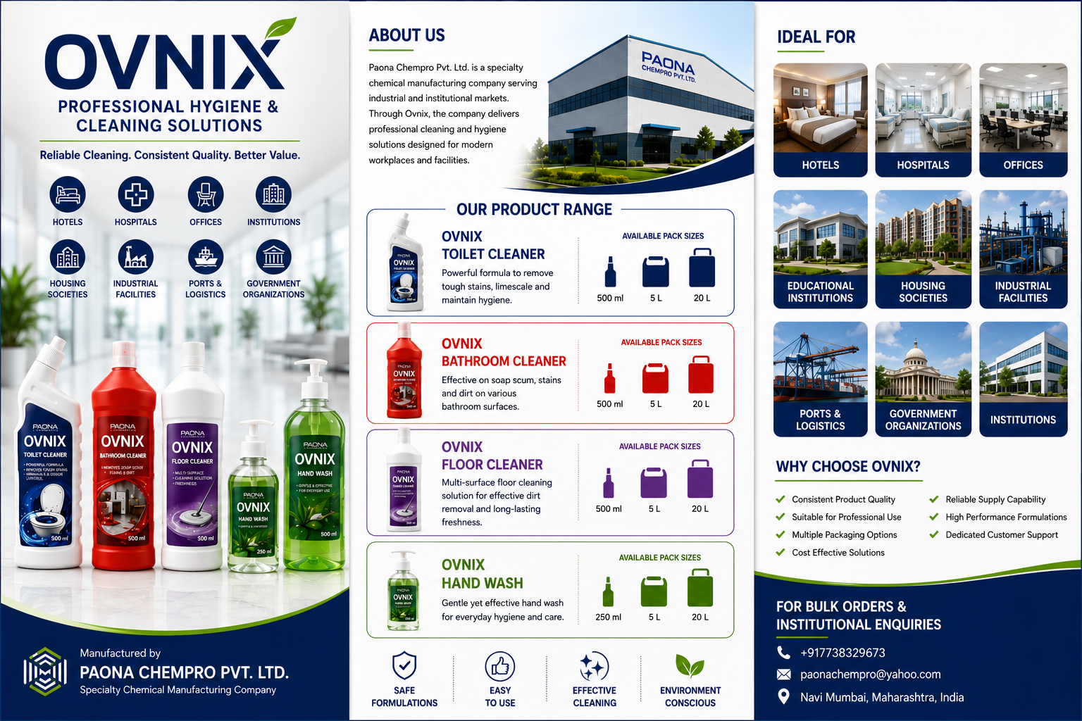 Ovnix professional hygiene and cleaning product range by Paona Chempro