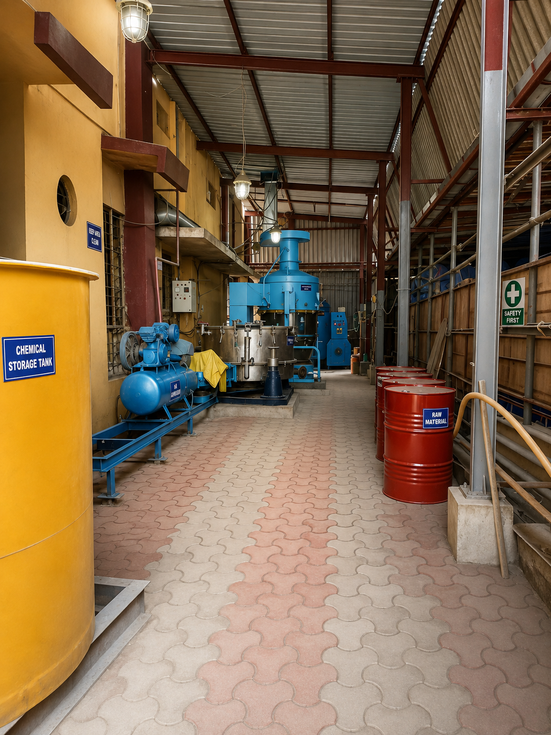 Chemical storage tanks and raw-material barrels inside the Paona Chempro plant