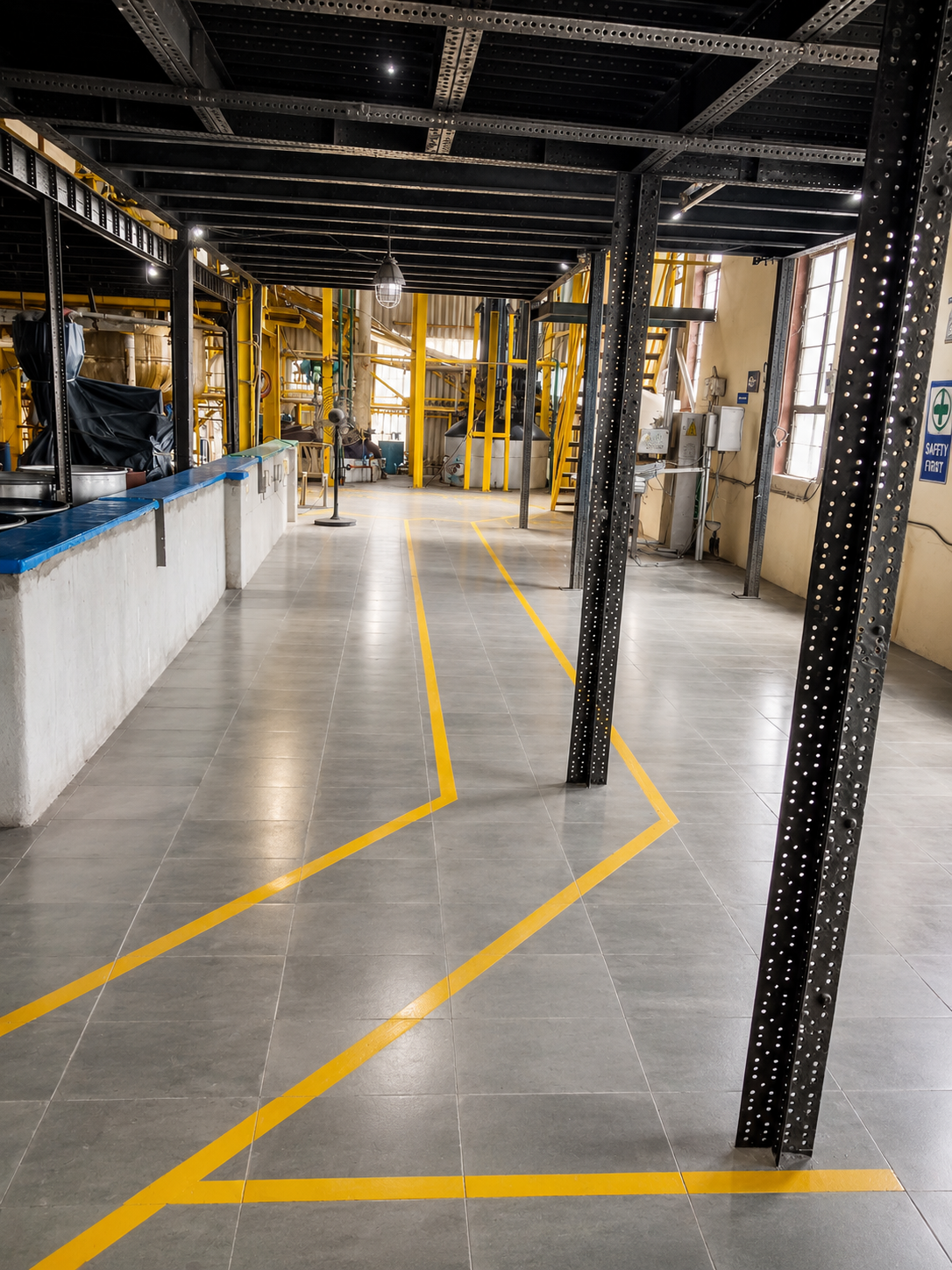 Marked and segregated production floor inside the Paona Chempro plant